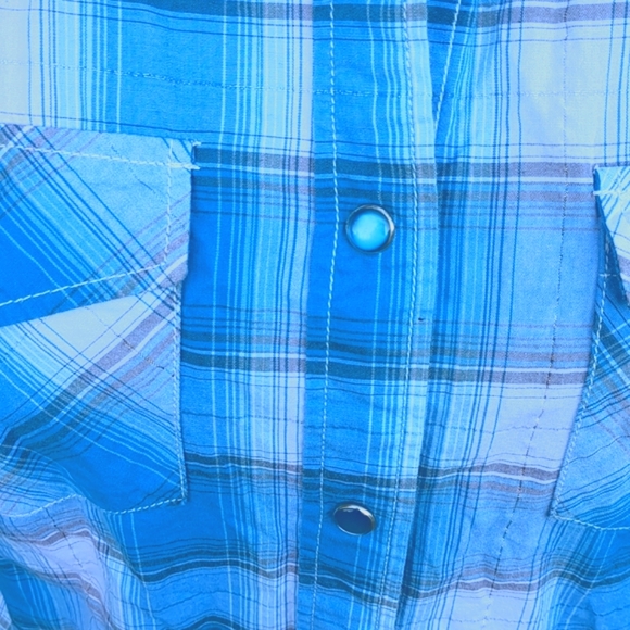 Cowgirl Hardware Arena Shirt Turquoise/White Plaid w/ Embroidered Yoke Snap Butt - Picture 5 of 14